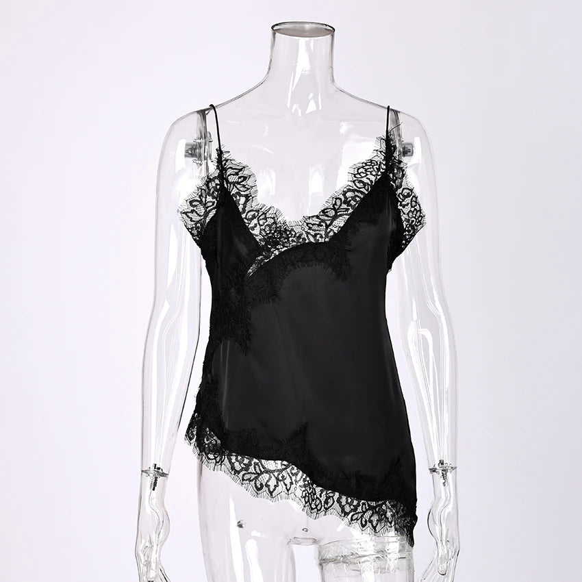 Linad Sexy Black Backless Lace Camisole Women Street Chic Spaghetti Strap Tops Female Casual Patchwork Silk Vest Female 2025 - Matrix-studios.com