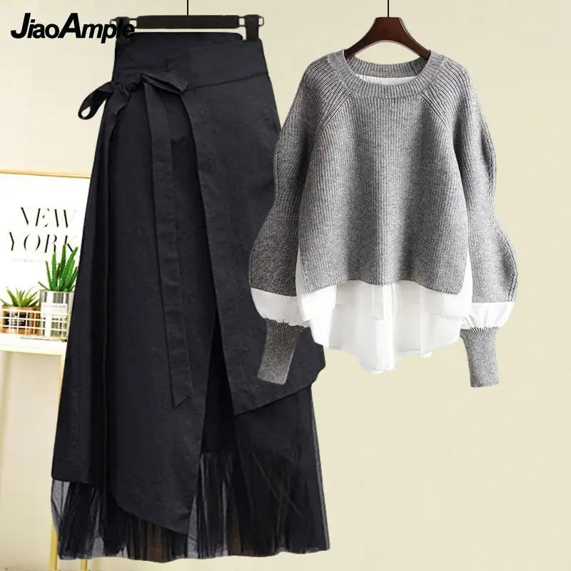 Women's Spring Autumn New Fashion Fake Two Piece Knit Sweater+Strap A-line Skirt Suit Korean Elegant Pullover Dress Matching Set - Matrix-studios.com