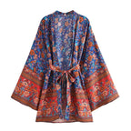 Boho Queens Multi Floral Print Sashes Kimono Women Batwing Sleeve Bohemian Bridesmaid Robe Vacation Beach Boho Bikini Cover-ups - Matrix Studios