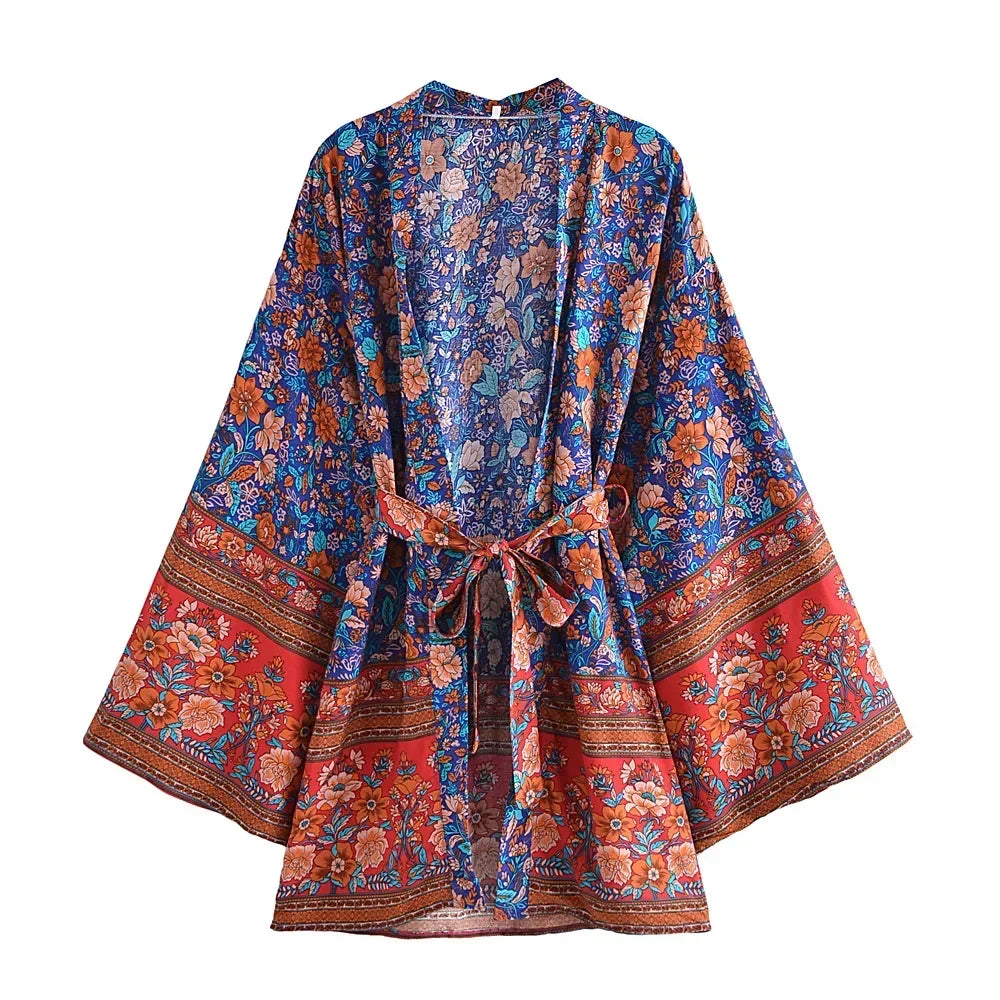 Boho Queens Multi Floral Print Sashes Kimono Women Batwing Sleeve Bohemian Bridesmaid Robe Vacation Beach Boho Bikini Cover-ups - Matrix Studios