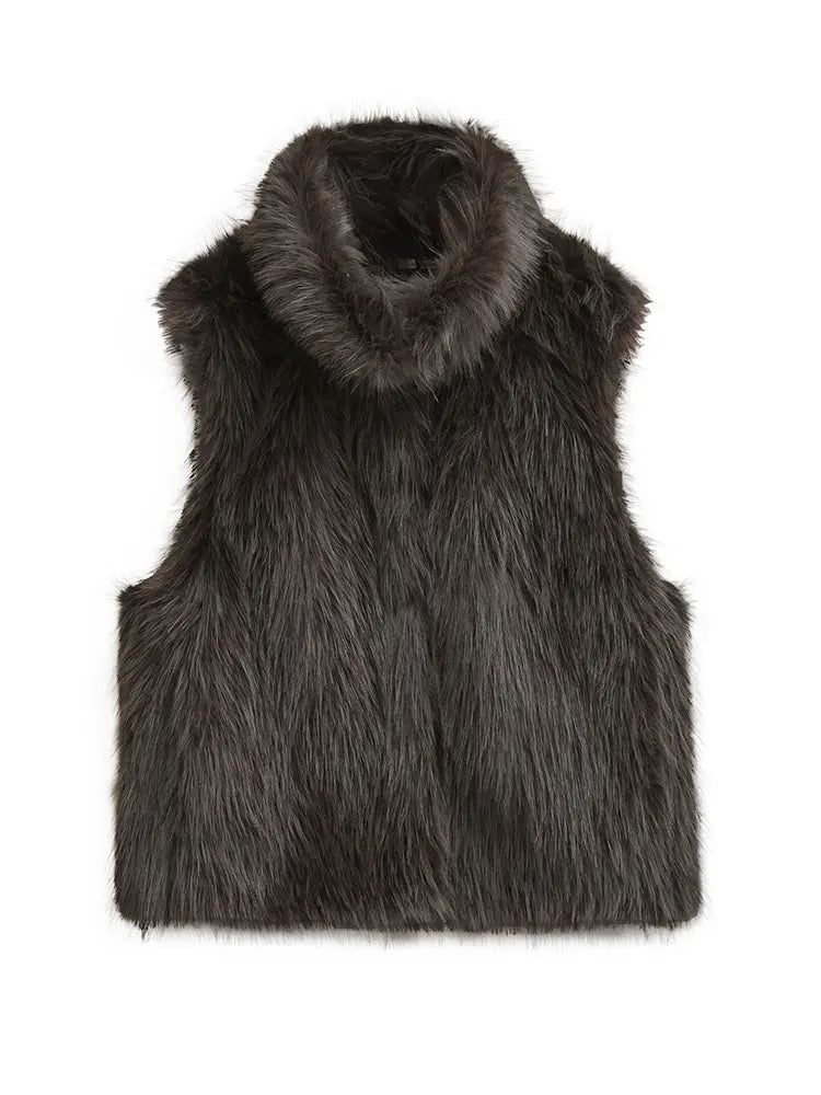 HH Women Elegant Solid Faux Fur Waistcoats Turtleneck Sleeveless Vest Coat Autumn Winter Fashion Hight Street Lady Outfit - Matrix Studios