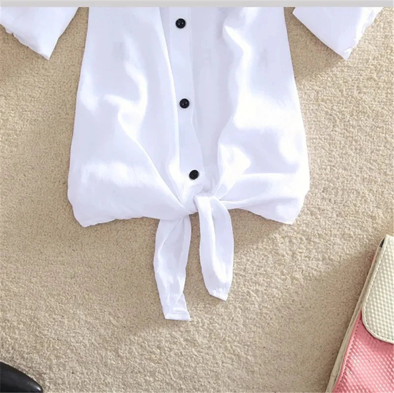 Women Spring Summer Casual Blouses Shirts Lady Long Sleeve Turn-down Collar Bow Tie Decor Loose Basics Shirts Tops - Matrix-studios.com