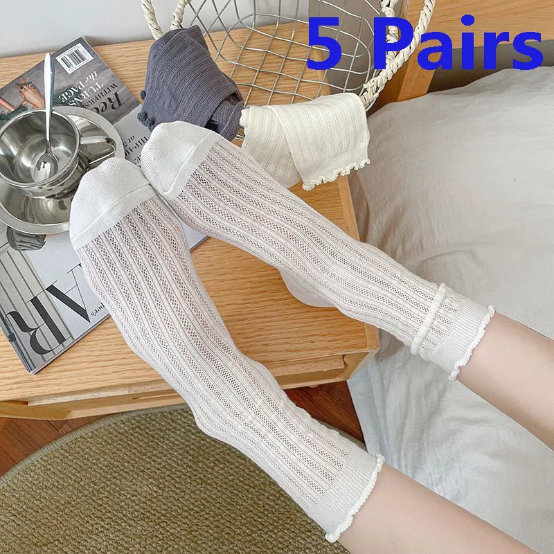 5 Pairs/Lot Women Hollow Mesh Tube Socks Ear Fungus Edge Socks Ins Trendy Spring Summer Loose Mouth Thin Style Girls Pile Socks - Matrix Studios