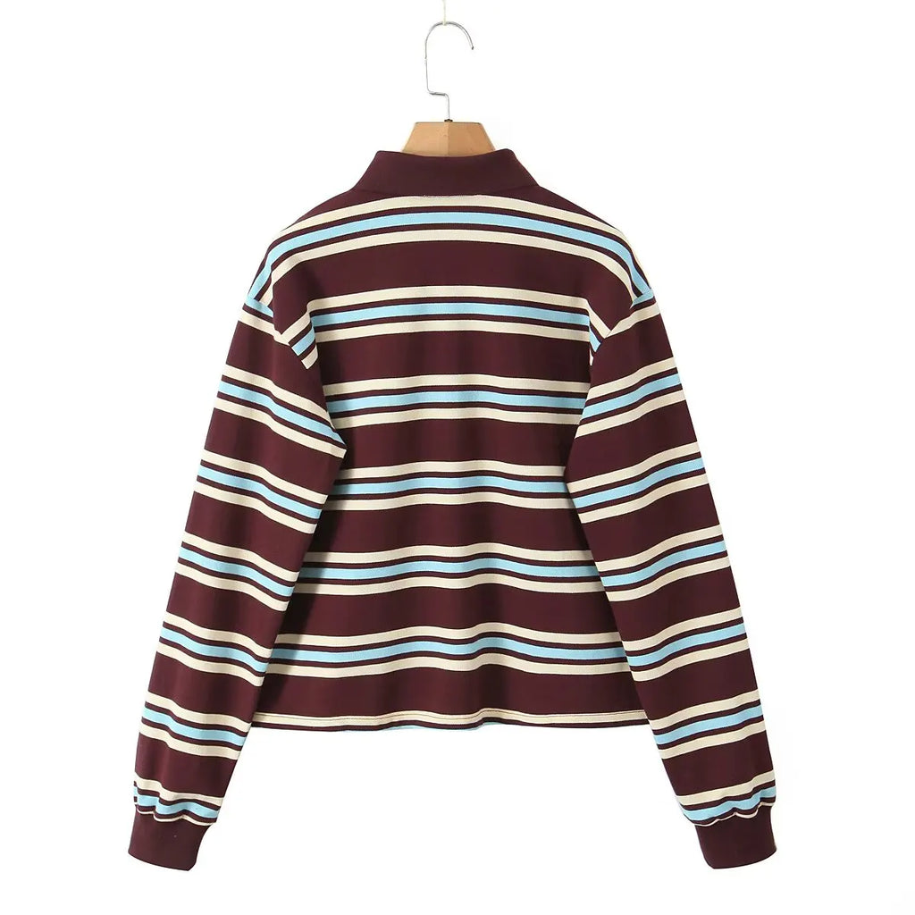 2025 Summer Ladies Polo Shirts Woman Long Sleeve Crop Top Striped Vintage Clothes Polo Shirts Mujer Streetwear Casual Tops Brown - Matrix-studios.com