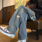 Three bar American retro jeans men's spring and autumn new style high street elastic waist loose casual men's straight leg long - Matrix Studios