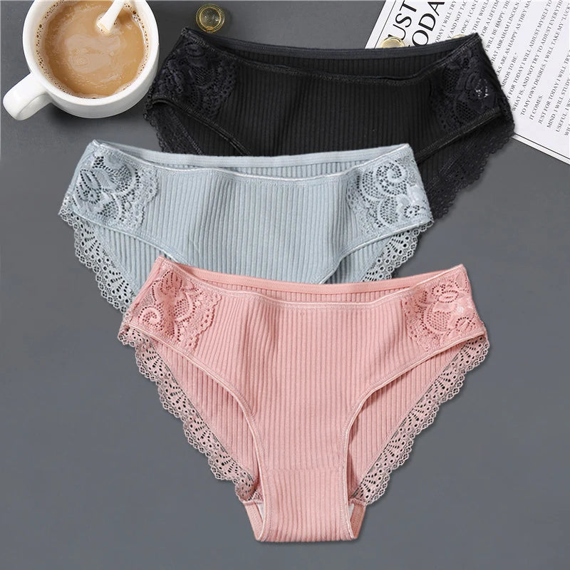 FINETOO 3Pcs/set Women Cotton Panties M-2XL Low-Rise Underwear Trendy Patchwork Lace Briefs Female Soft Underpants Lingerie 2022 - Matrix Studios