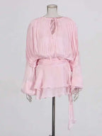 TWOTWINSTYLE Solid Blouse Mini Dresses For Women V Neck Long Sleeve Spliced Lace Up Sweet Style Dress Female Clothing Fashion - Matrix-studios.com