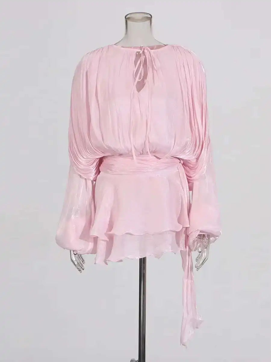 TWOTWINSTYLE Solid Blouse Mini Dresses For Women V Neck Long Sleeve Spliced Lace Up Sweet Style Dress Female Clothing Fashion - Matrix-studios.com