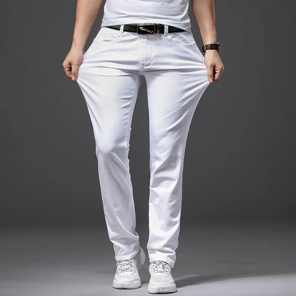 Men White Jeans Elasticity Straight Slim Fit Casual Soft Business Classic Brand Trousers Fashion Advanced Stretch Denim Pants - Matrix Studios