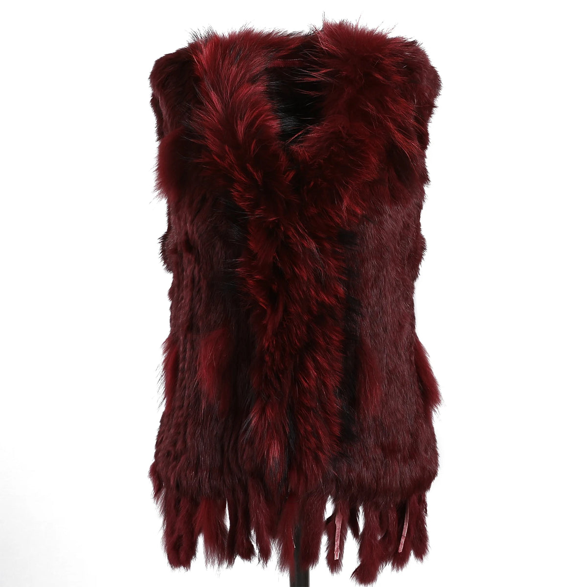 BOONJOVIA Women's 100% Real Rabbit Fur Knitted Vest Raccoon Fur Trim Collar Gilet Lady Fashion Waistcoat For Autumn Winter - Matrix Studios