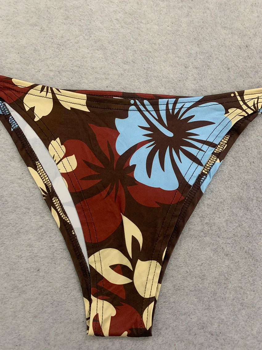 Vintage Y2K Ladies Flower Tankini Swimsuit Halter Neck Self Tie Front Top Matching Side Tie Bikini Bottom Two Piece Beach Outfit - Matrix-studios.com