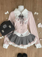 Spring Y2K Princess Outfits Women 2 Piece Sets Sweet Kawaii Bow Tops + Lace Pleated Skirt Female Retro Chic Preppy Style Clothes - Matrix-studios.com