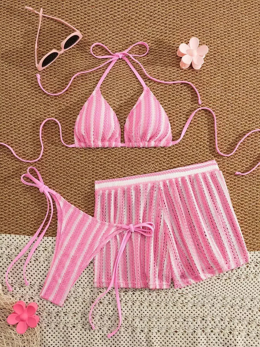 2026 new style boxer shorts mesh three-piece women's swimsuit neck lace-up bikini set - Matrix-studios.com