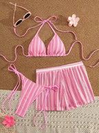 2026 new style boxer shorts mesh three-piece women's swimsuit neck lace-up bikini set - Matrix-studios.com