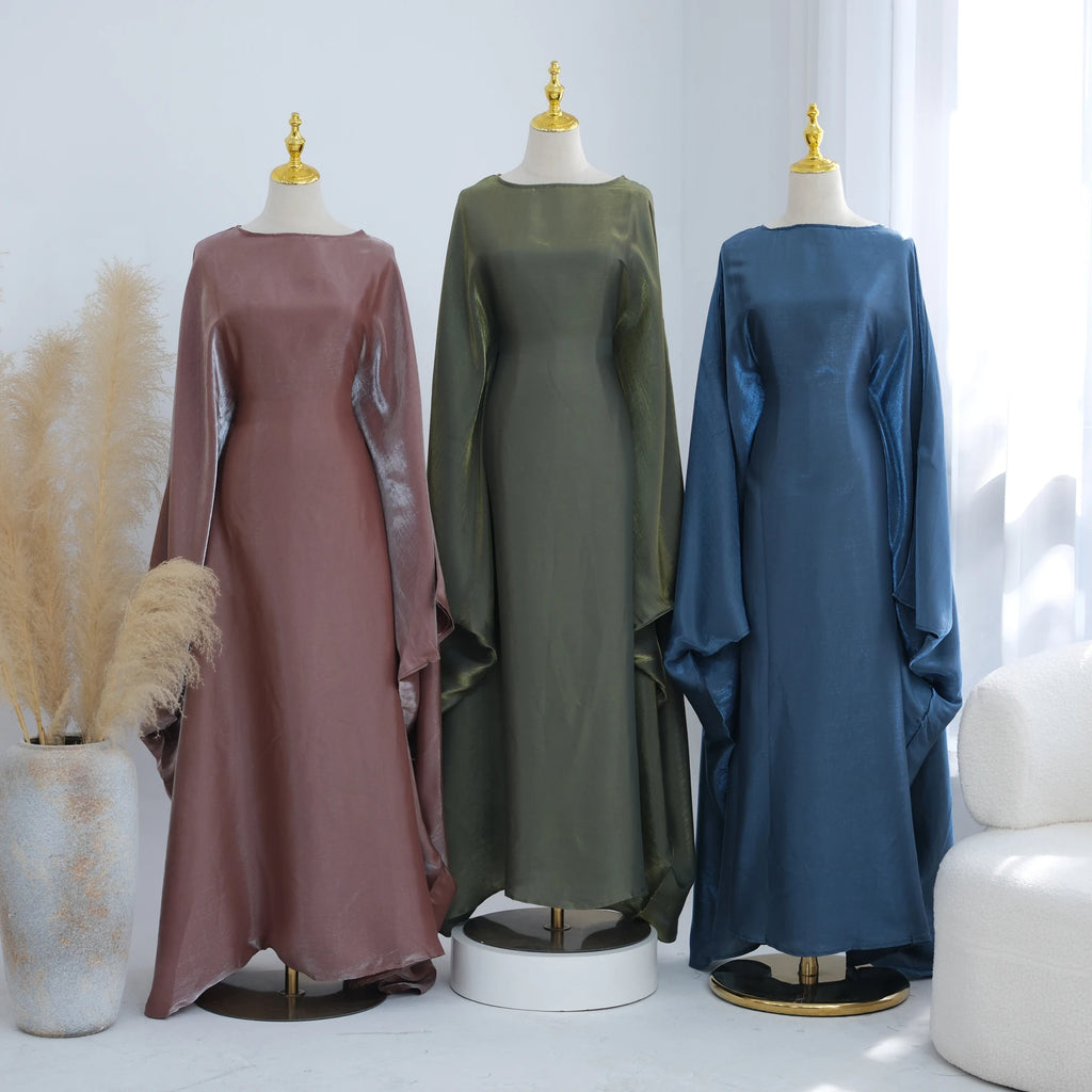 Ramadan Eid Evening Party Shiny Kaftan Dress for Women, Butterfly Sleeves Round Neck Muslim Women Abaya Dubai Islamic Clothing - Matrix-studios.com
