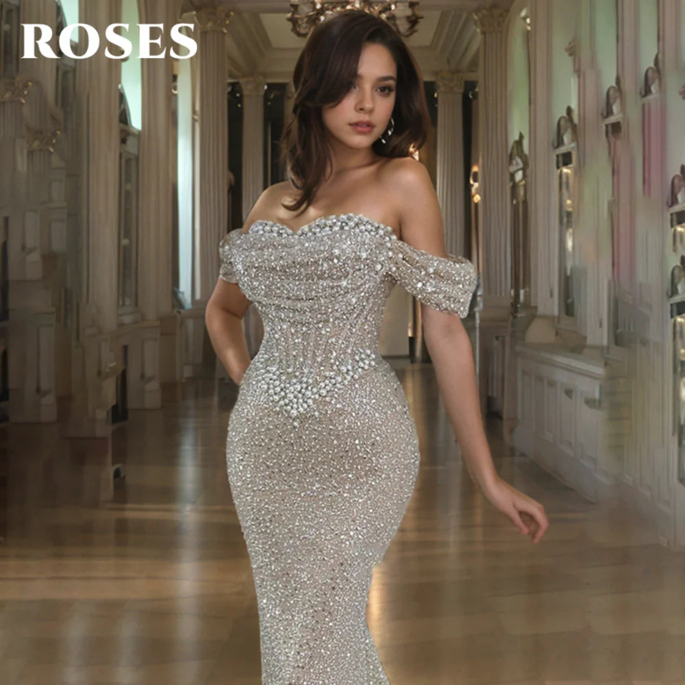 ROSES Pearl Gorgeous Prom Dress Sweetheart Off the Shoulder Hollow Prom Gown with Fishbone Shiny Sequins Formal Gown Customized - Matrix-studios.com