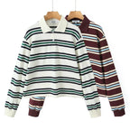 2025 Summer Ladies Polo Shirts Woman Long Sleeve Crop Top Striped Vintage Clothes Polo Shirts Mujer Streetwear Casual Tops Brown - Matrix-studios.com
