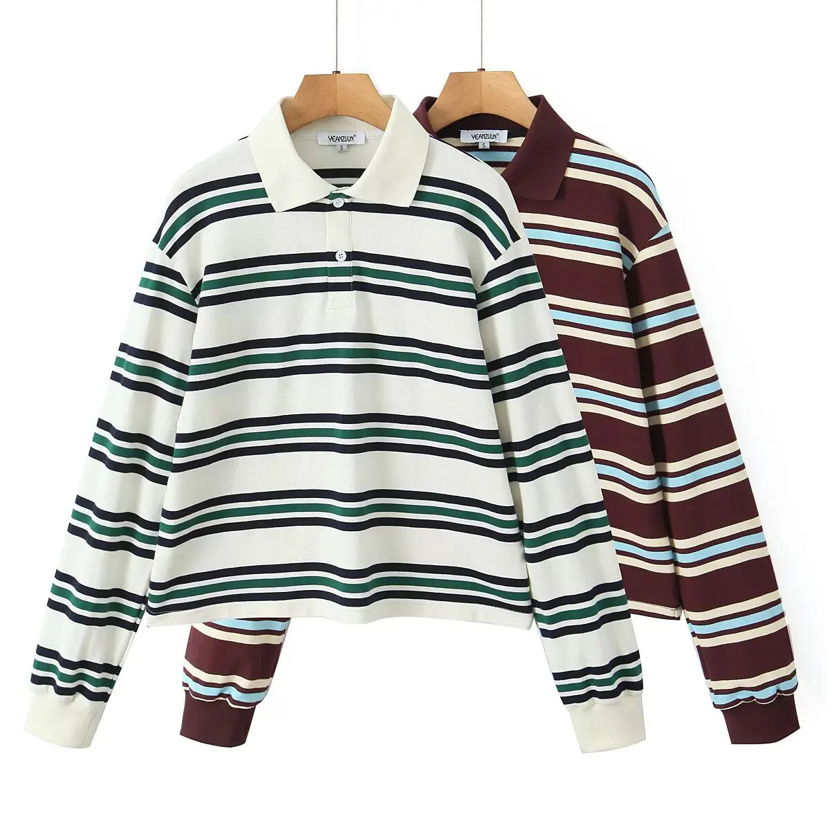 2025 Summer Ladies Polo Shirts Woman Long Sleeve Crop Top Striped Vintage Clothes Polo Shirts Mujer Streetwear Casual Tops Brown - Matrix-studios.com