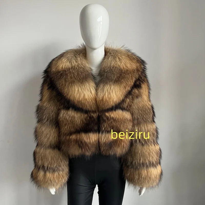 BEIZIRU Women's Real Raccoon Fur Coat Winter Long Sleeve Hooded Jacket with Turndown Collar Natural Luxury Thick Top - Matrix Studios