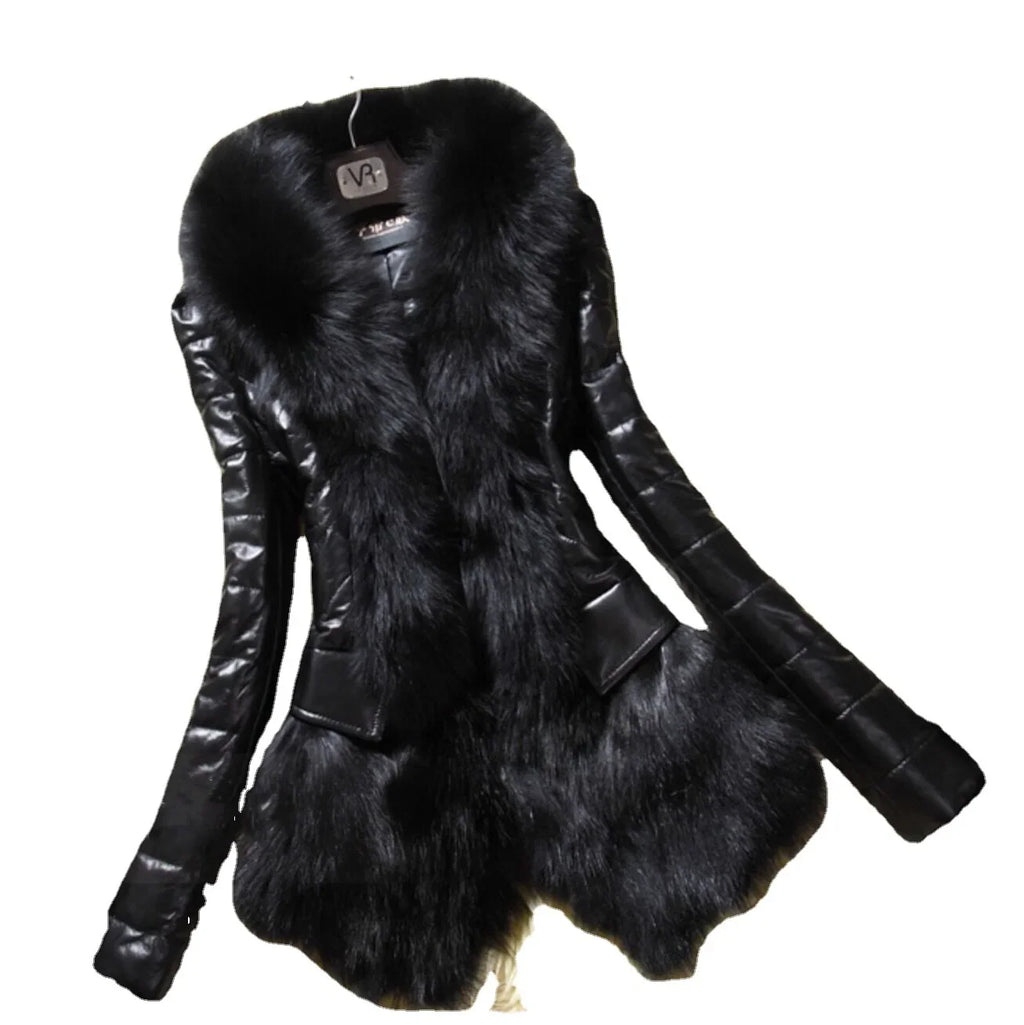 Winter New Slim Imitation Fox Fur Collar Fur Pu Leather Long Sleeve Medium And Long Fashion Street Splicing Thin Coat - Matrix Studios