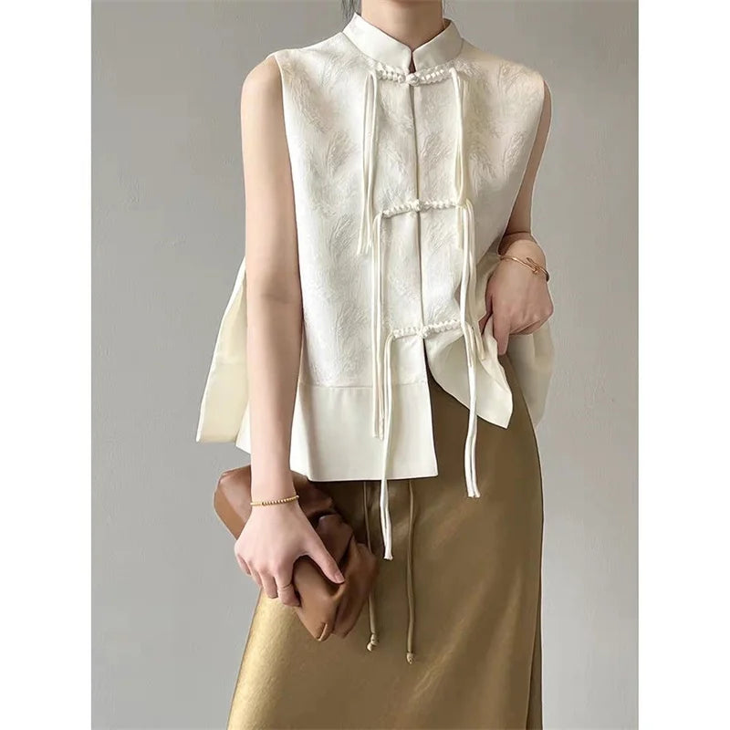 Chinese New Plate Button Vest Jacket 2025 Spring New Jacquard Stand Collar Sleeveless Waistcoat Retro Women Cheongsam Tops - Matrix Studios