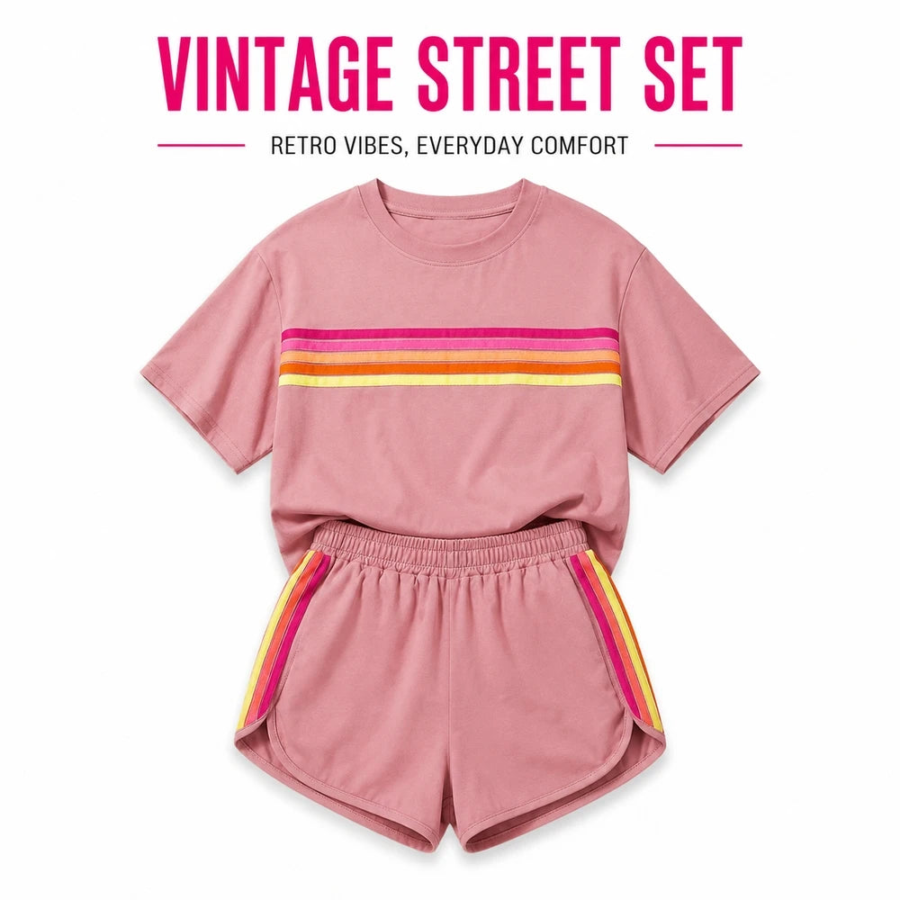 Women's Summer 2 Piece Outfits Short Sleeve Crew Neck T Shirt and Elastic Waist Shorts Set Retro Rainbow Striped Casual Beach Matching Set Relaxed Fit with Side Split for Vacation Travel Daily Spring Summer - Matrix-studios.com