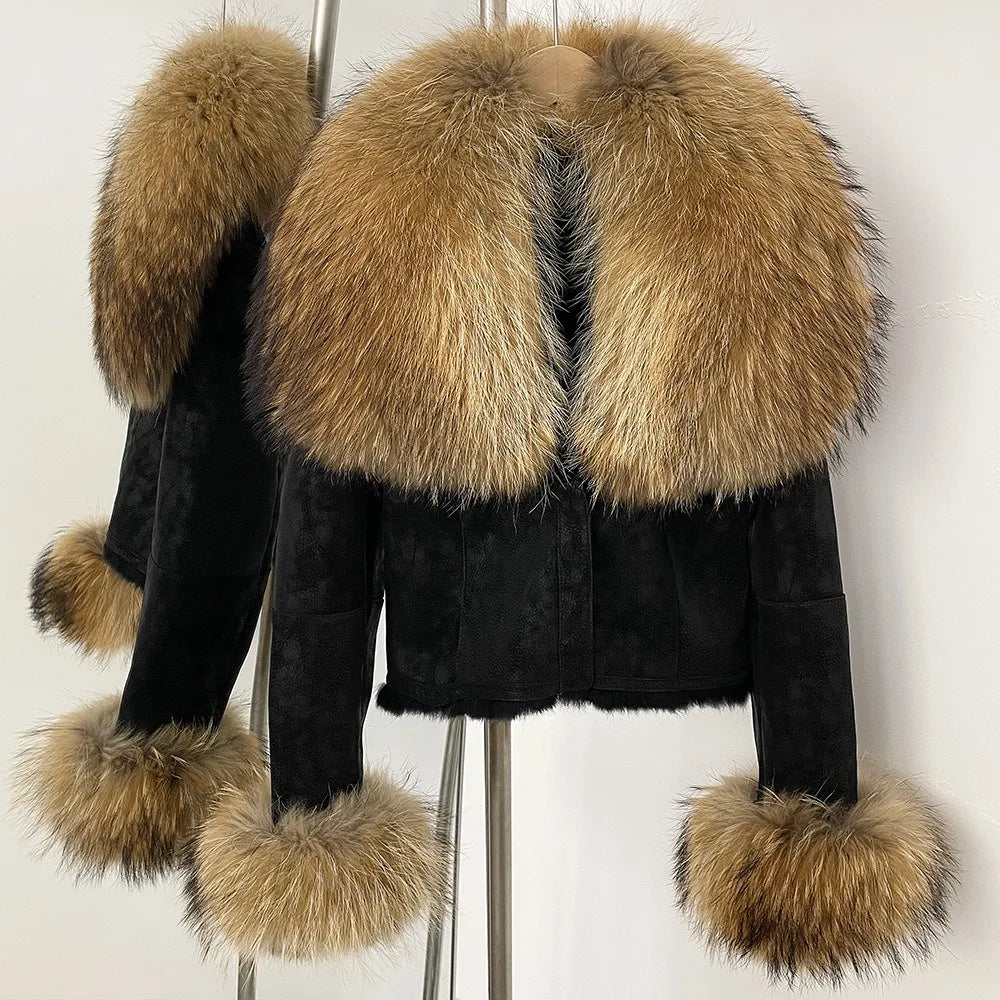 Hot Selling High-quality Big Raccoon Fur Collar Or Fox Fur Collar Winter New Suede Jacket Women Short Fashionable Slim Coat - Matrix Studios