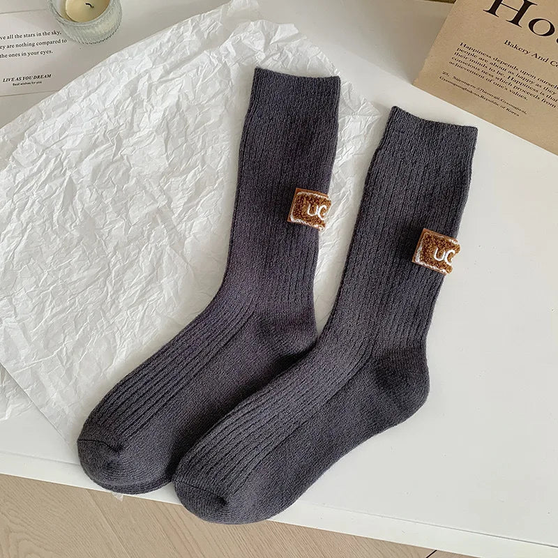 5/10 Pairs Socks Women Luxury Designer Cashmere Wool Sock Solid Warm Thick Pile Embroidered Logo Mid-Calf female Snow Boot Socks - Matrix Studios