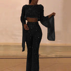 Sexy Backless Hollow Bandage Jumpsuit Women Spring O-neck Flare Sleeve Straight Playsuit Fall Sequin Shiny Party Romper Overalls - Matrix Studios