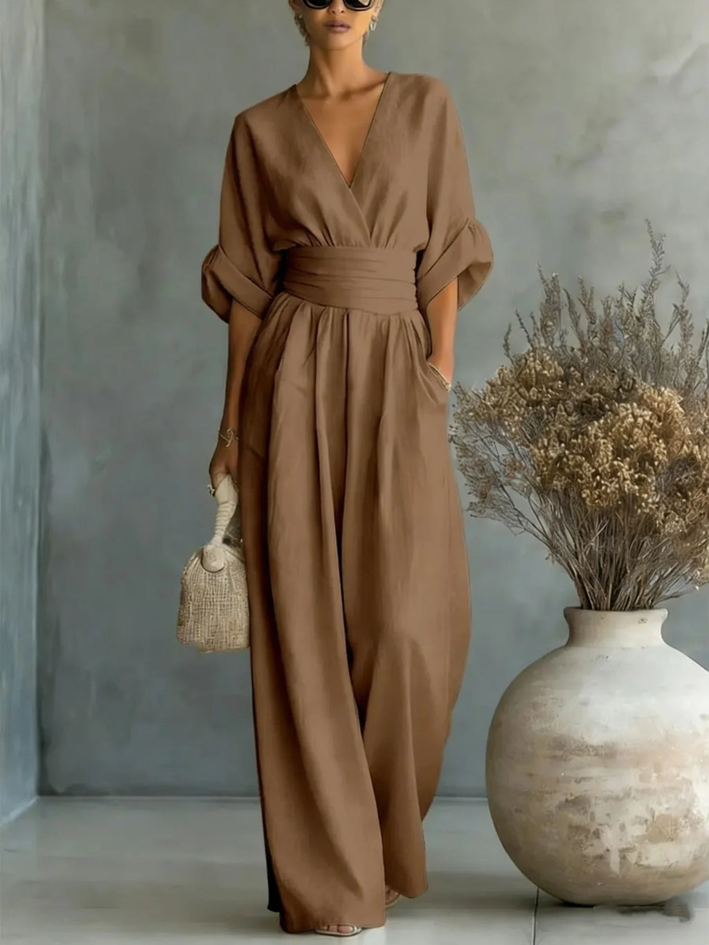 Women's Jumpsuit Fashion High Waist V-neck Jumpsuits for Woman Sexy White Office Wide Leg Trousers Overalls Vacation Outfit New - Matrix Studios