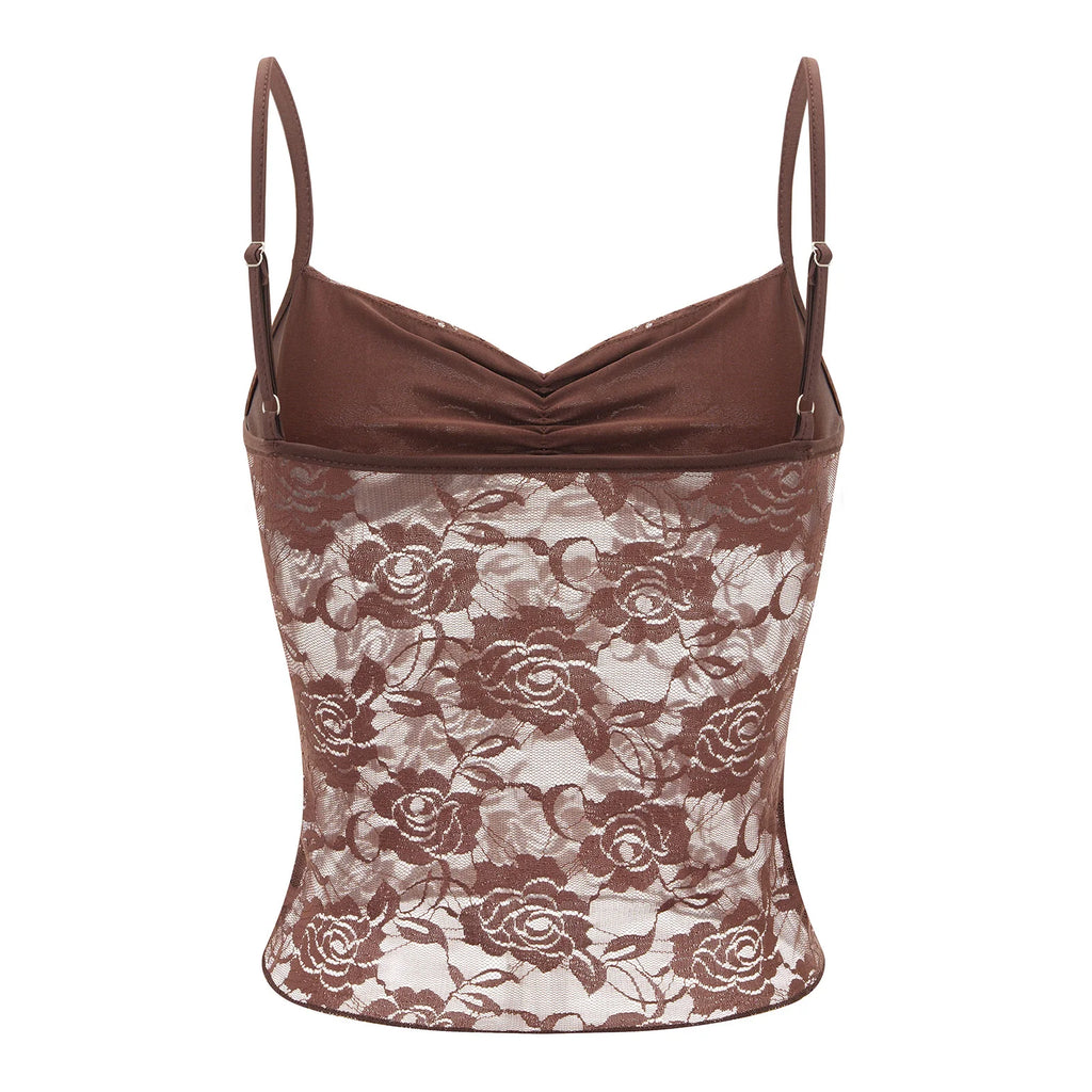 Women's Summer Lace Cami Tops Sleeveless Ruched Front Solid Color Camisole Slim Fit Tank Tops - Matrix-studios.com