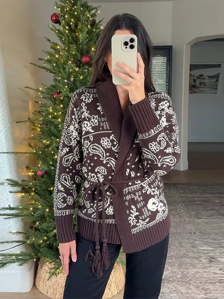Jacquard Cardigan Women V-Neck Tie Waist Cardigans Long Sleeve Knit Sweater Waist Cuff Casual Autumn Fashion Trendy Streetwear - Matrix Studios
