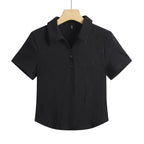 Summer New Polo Neck Button Short High Waist T-shirt Slim Fit Short Sleeve Solid Color Cotton Women's Top - Matrix-studios.com