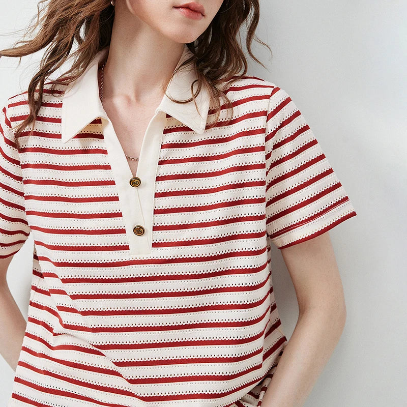 TOYOUTH Women's T-Shirt 2026 Summer New Hollow Stripe Color Block Polo Collar Nautical Top, Loose Fit Vintage Tee - Matrix-studios.com