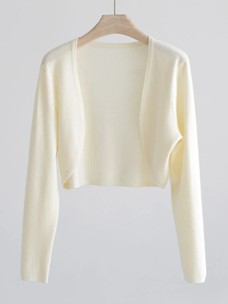 AOSSVIAO 2026 Women Elegant Solid Cardigan Coat Jackets Short Sleeve Korean Thin Knitted Shirt Female Y2K Cropped Top Outwea - Matrix Studios