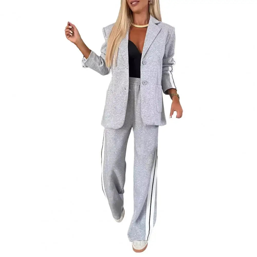 2 Pcs/Set Lady Formal Coat Pants Set Turn-down Collar Single-breasted Long Sleeves Jacket Loose Striped Wide Leg Trousers Casual - Matrix-studios.com