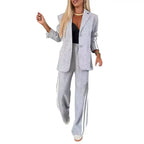 2 Pcs/Set Lady Formal Coat Pants Set Turn-down Collar Single-breasted Long Sleeves Jacket Loose Striped Wide Leg Trousers Casual - Matrix-studios.com