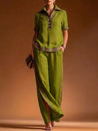 Women 2 Piece Linen Set Lapel Collar Half Button Short Sleeve High Waist Split Elegant Casual Loose Summer Wide Leg Long Pants - Matrix-studios.com