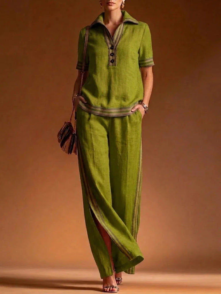 Women 2 Piece Linen Set Lapel Collar Half Button Short Sleeve High Waist Split Elegant Casual Loose Summer Wide Leg Long Pants - Matrix-studios.com