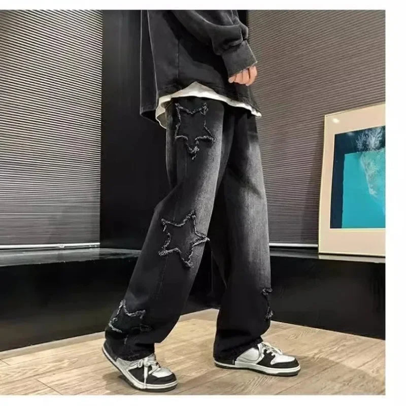 2025 New Fashion Stars Towel Embroidery Brown Men Jeans Pants Y2K Clothes Straight Hip Hop Cotton Trousers Pantalon Homme - Matrix Studios