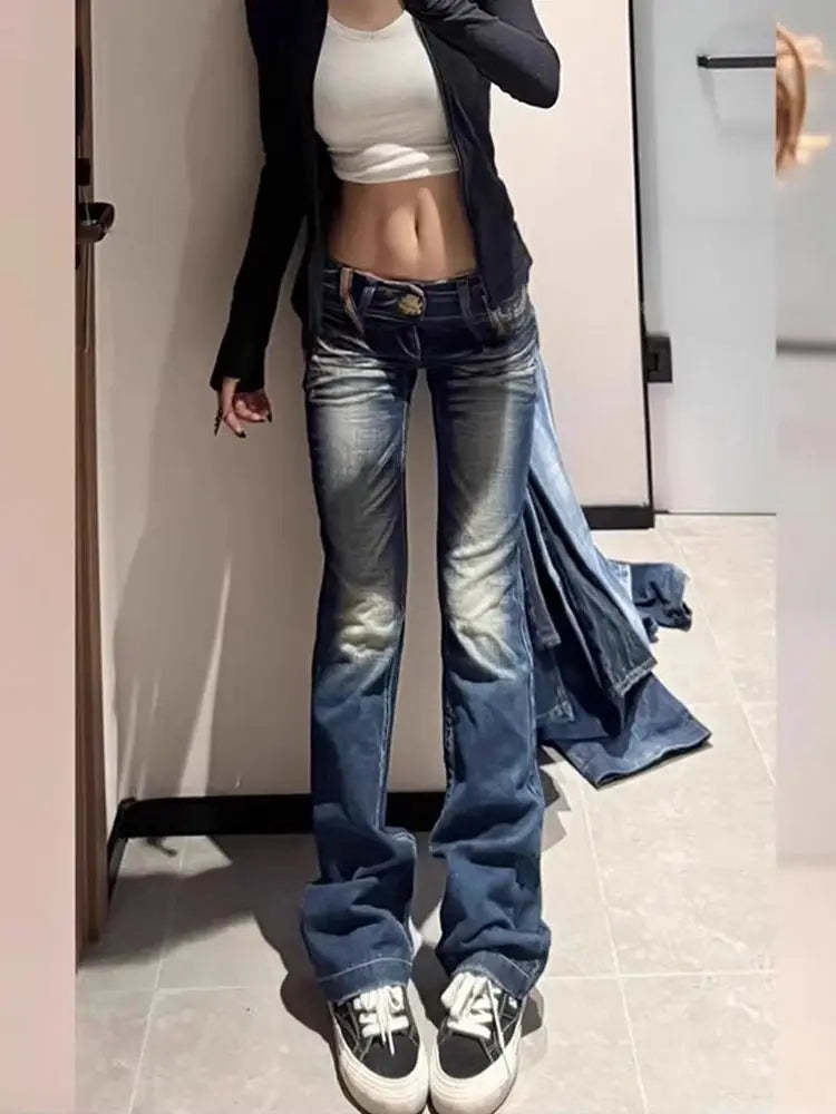 Autumn Y2K Fashion Retro Punk Low Waist Casual Embroidery Diamond Jeans Women Blue Wings Pattern Embroidered Leg Slim Pants 2025 - Matrix-studios.com