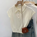 2026 New Summer Navy Polo Collar Women T-Shirt Fashion Solid Color Short Sleeve Knit Top Unique Chic Casual Tee - Matrix-studios.com