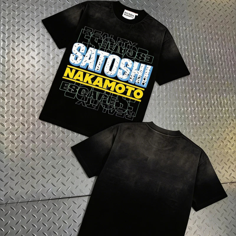 Europe America Trend Street Brand Satoshi Nakamoto T Shirts Colorful Letter Prints Washed Short-sleeved Men Women Loose Top Tee - Matrix-studios.com