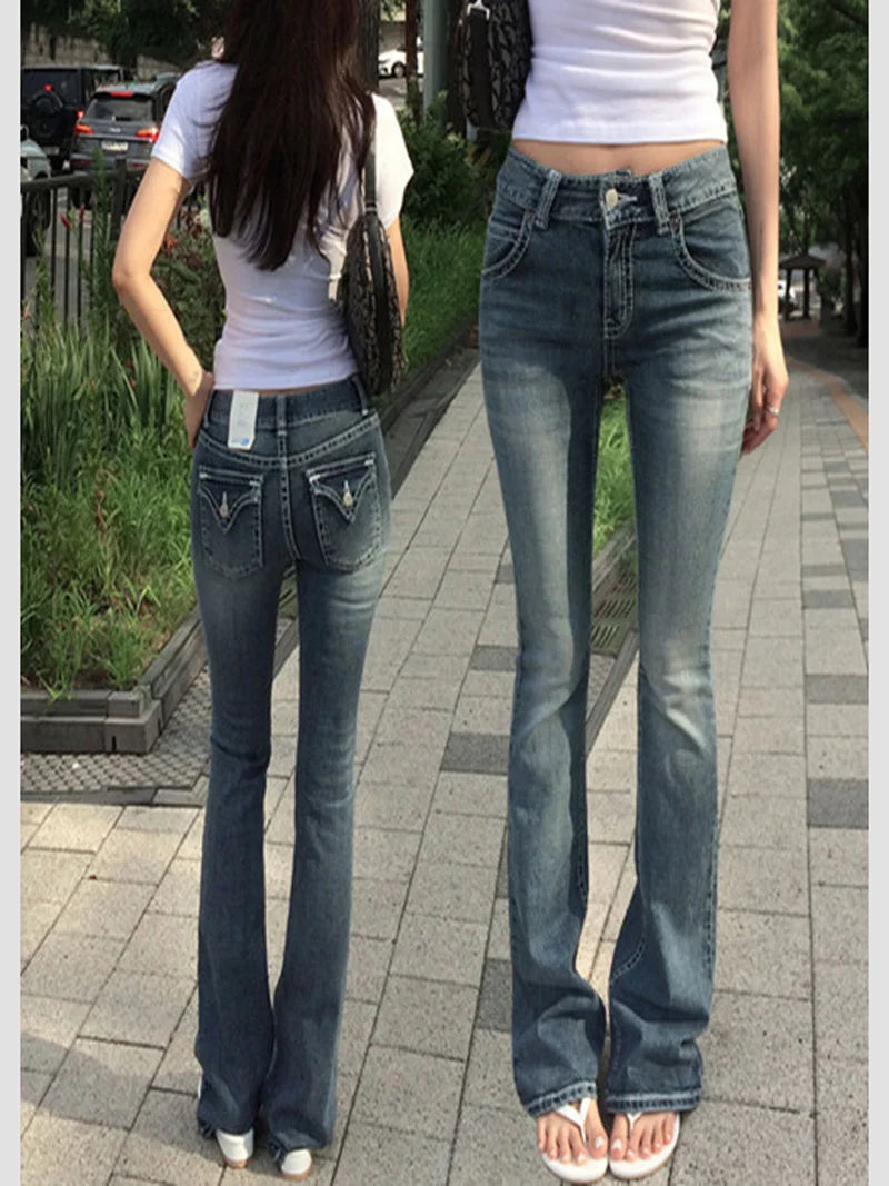 Gothic Buddha Head Womens Jeans Y2K Clothes Hip Hop Pocket Embroidery Vintage Blue Baggy Jeans Low Waist Wide Leg Trousers - Matrix-studios.com