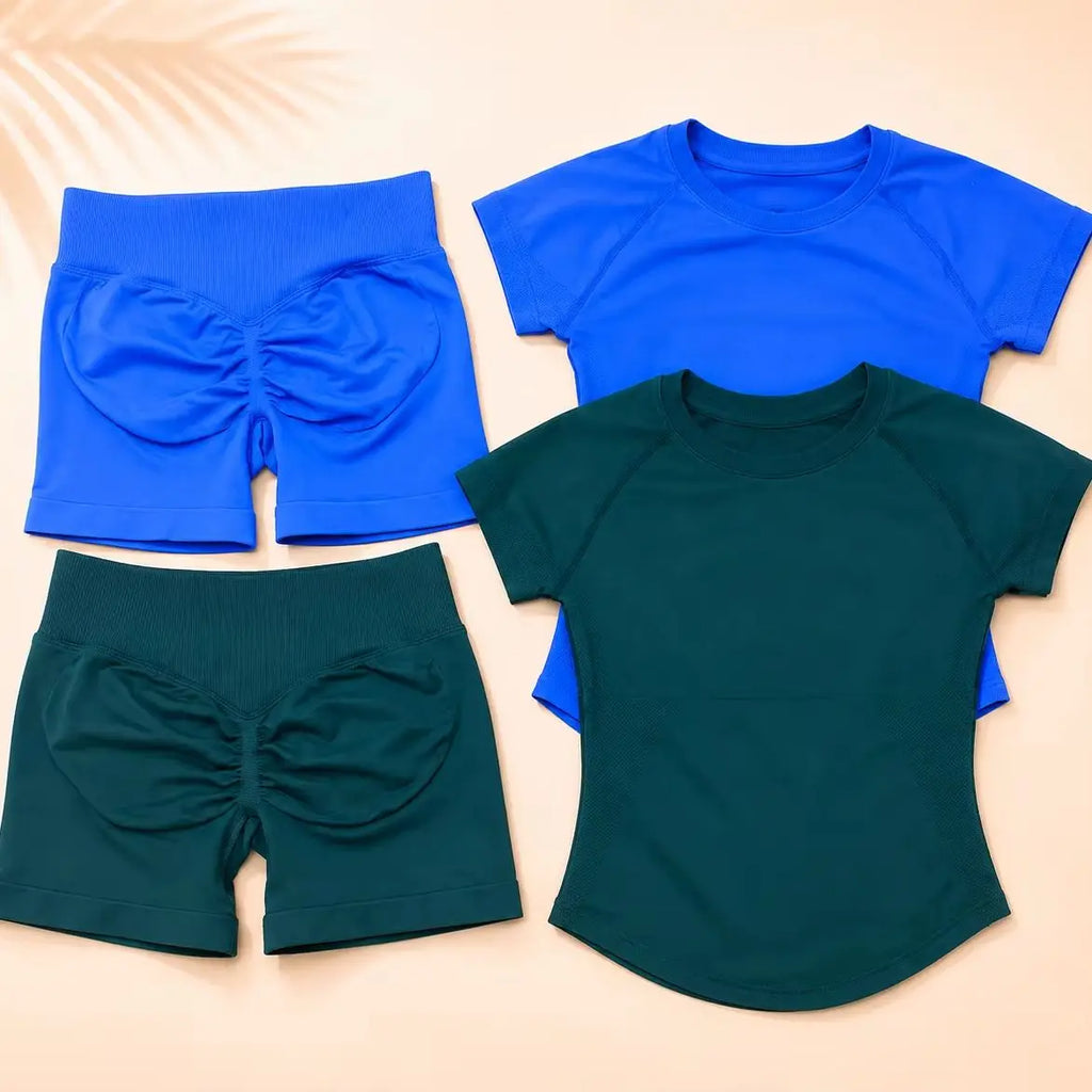 Women Short Sleeve Yoga Set Gym Workout Outfit Fitness Activewear Seamless Sportswear Running Exercise Shorts Set