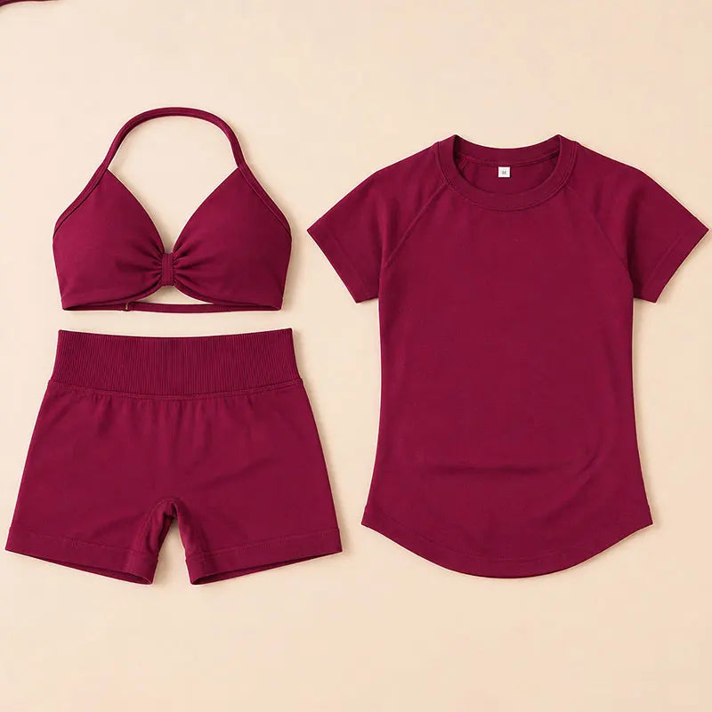 3 Pieces Gym Set Woman Seamless Short Sleeve Top Scrunch Gym Shorts Sport Strappy Bra Bodysuit Workout Suits Gym Clothes - Matrix-studios.com