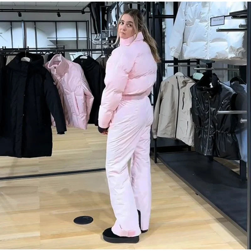 Fashion Hooded One-Piece Ski Jumpsuit Women Stand Collar Zipper High Waist Solid Windproof Outwear 2026 Winter Lady Skiwear New - Matrix Studios