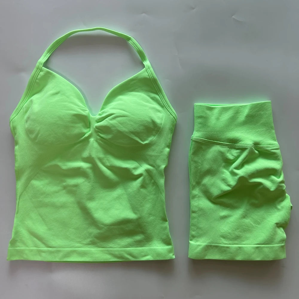 No Logo 2Pcs Gym Set Women Backless Tank Tops High Waist Scrunch Seamless Shorts Gym Suit Fitness Clothes Activewear Workout Set - Matrix-studios.com