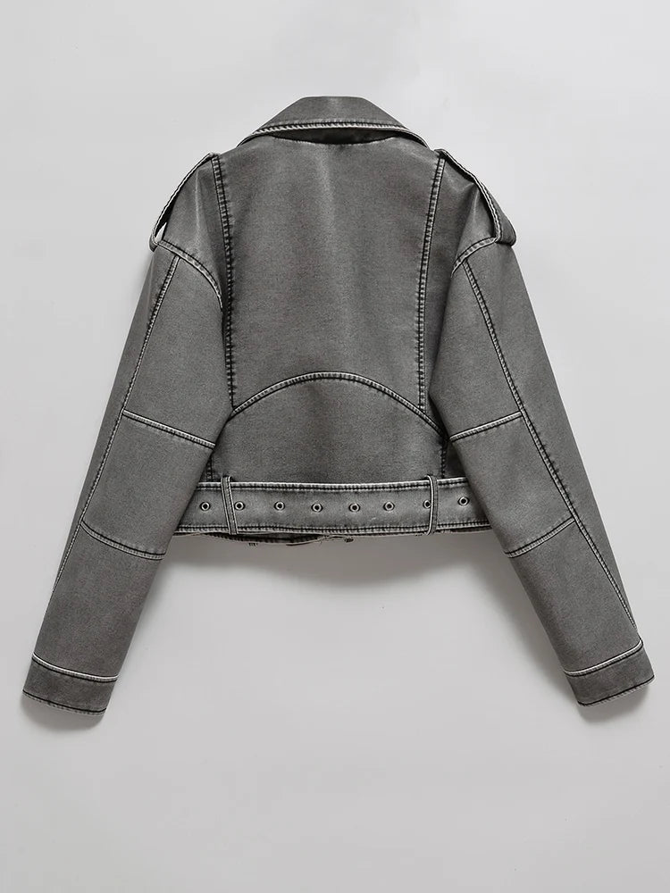 Ailegogo Women Vintage Loose Washed Faux Leather Short Jacket Streetwear Female Zipper Belt Moto Biker Retro Coat Outwear Tops - Matrix Studios