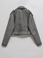 Ailegogo Women Vintage Loose Washed Faux Leather Short Jacket Streetwear Female Zipper Belt Moto Biker Retro Coat Outwear Tops - Matrix Studios